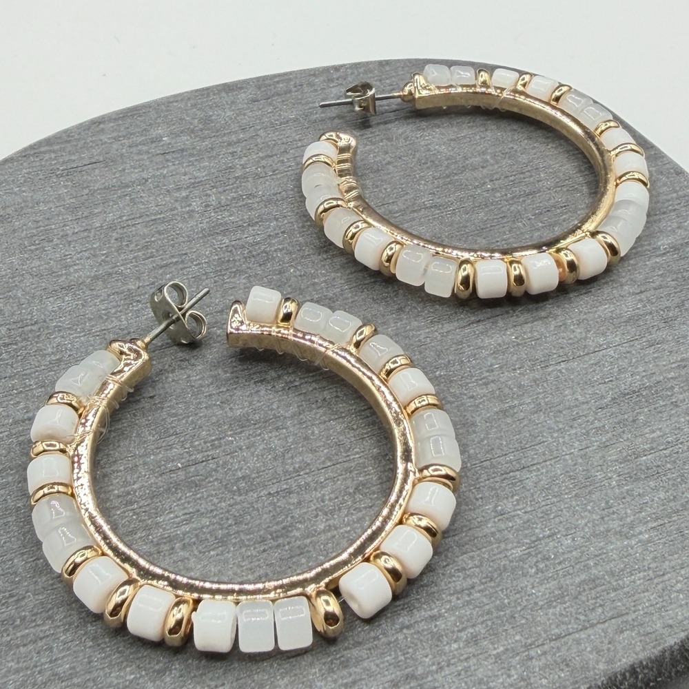 White Beaded Gold Tone Hoop Earrings Chunky Statement Boho Fashion Jewelry Gift